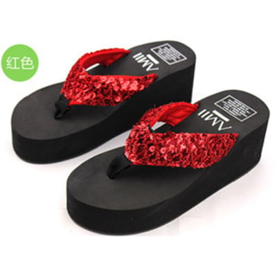 New slippers female slippers wedges platform elevator slip-resistant paillette beach flip flops Plus size 36-40