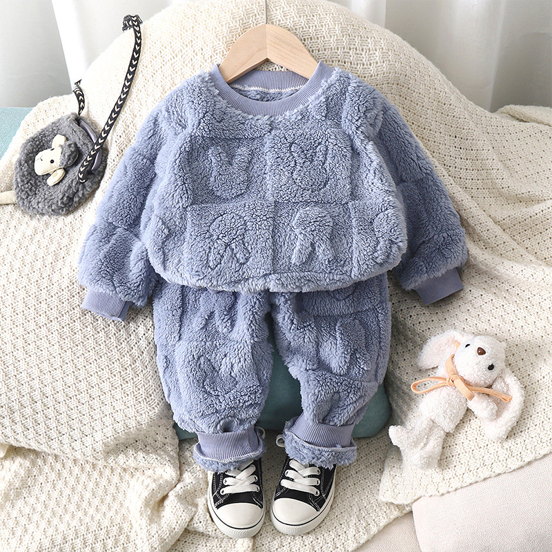 Children's pajama set warm autumn and winter pajamas children's boys and girls thickened home clothes plush baby clothing set