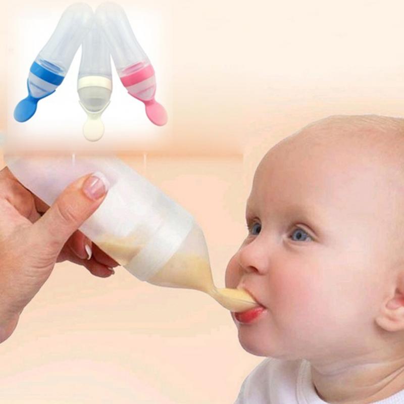 90ml Silicone Baby Feeding Bottle With Spoon Food Supplement Rice Cereal Bottle Baby Squeeze Spoon Silica Gel Spoon