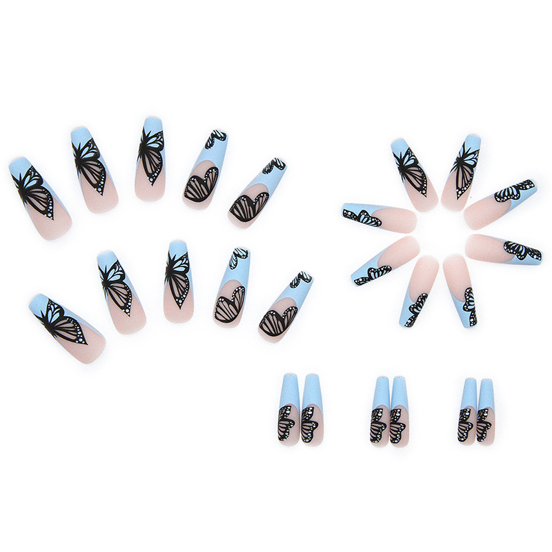 24Pcs/Box Detachable Black butterfly Blue Long Coffin False Nails Ballerina Coffin Fake Nails Full Cover Acrylic Nail Tips