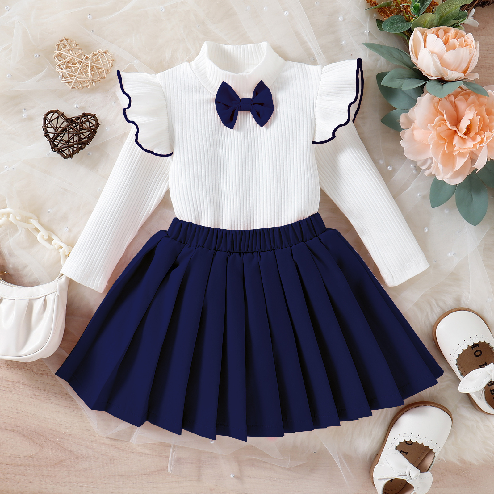 Girls' Autumn/Winter Long Sleeve Set Girls' Bow Round Neck Knitted Top+Skirt Sweater Two Piece Fashion Girls' Set