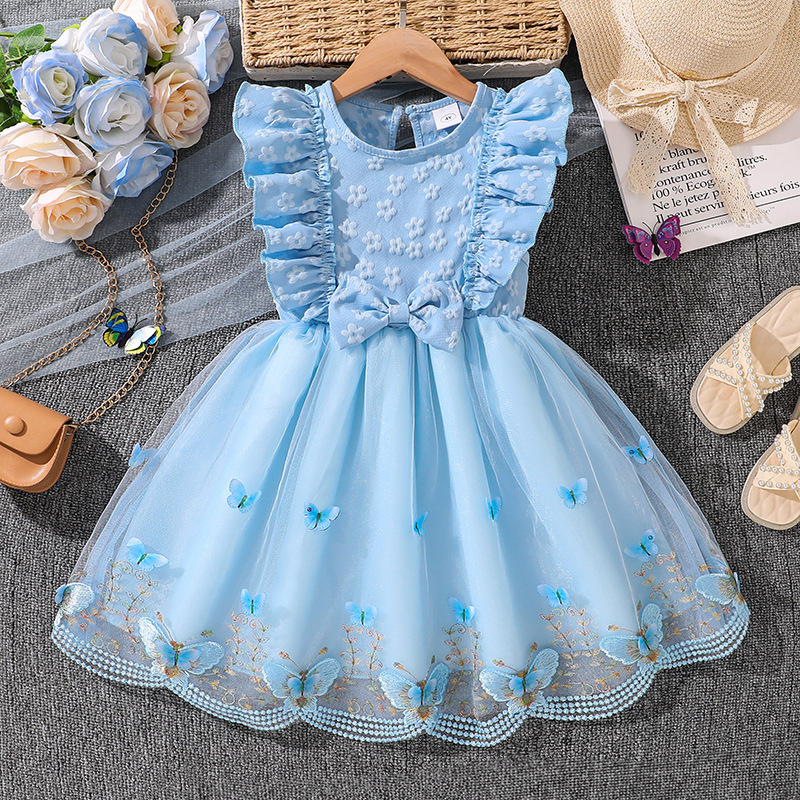 Kids Princess Dress For Girls O-Neck Wing-Sleeve Bowknot Floral Print Embroidery 4-7 Years Summer Sweet Birthday Party Clot