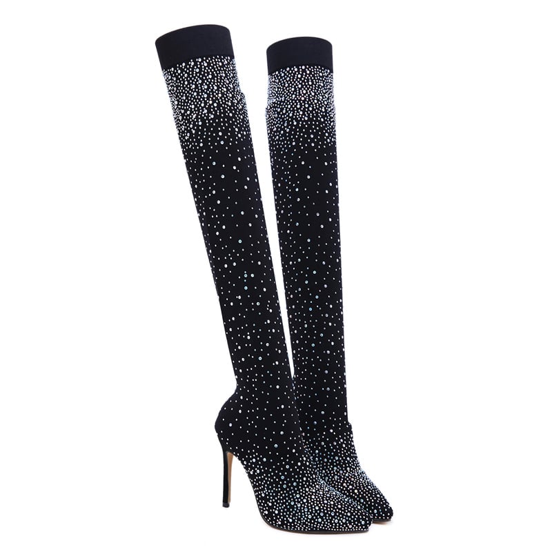 Women Over The Knee High Thigh Sock Boots 11.5cm High Heels Fall Crystal Diamond Stripper Long Tight Pleaser Boots Shoes
