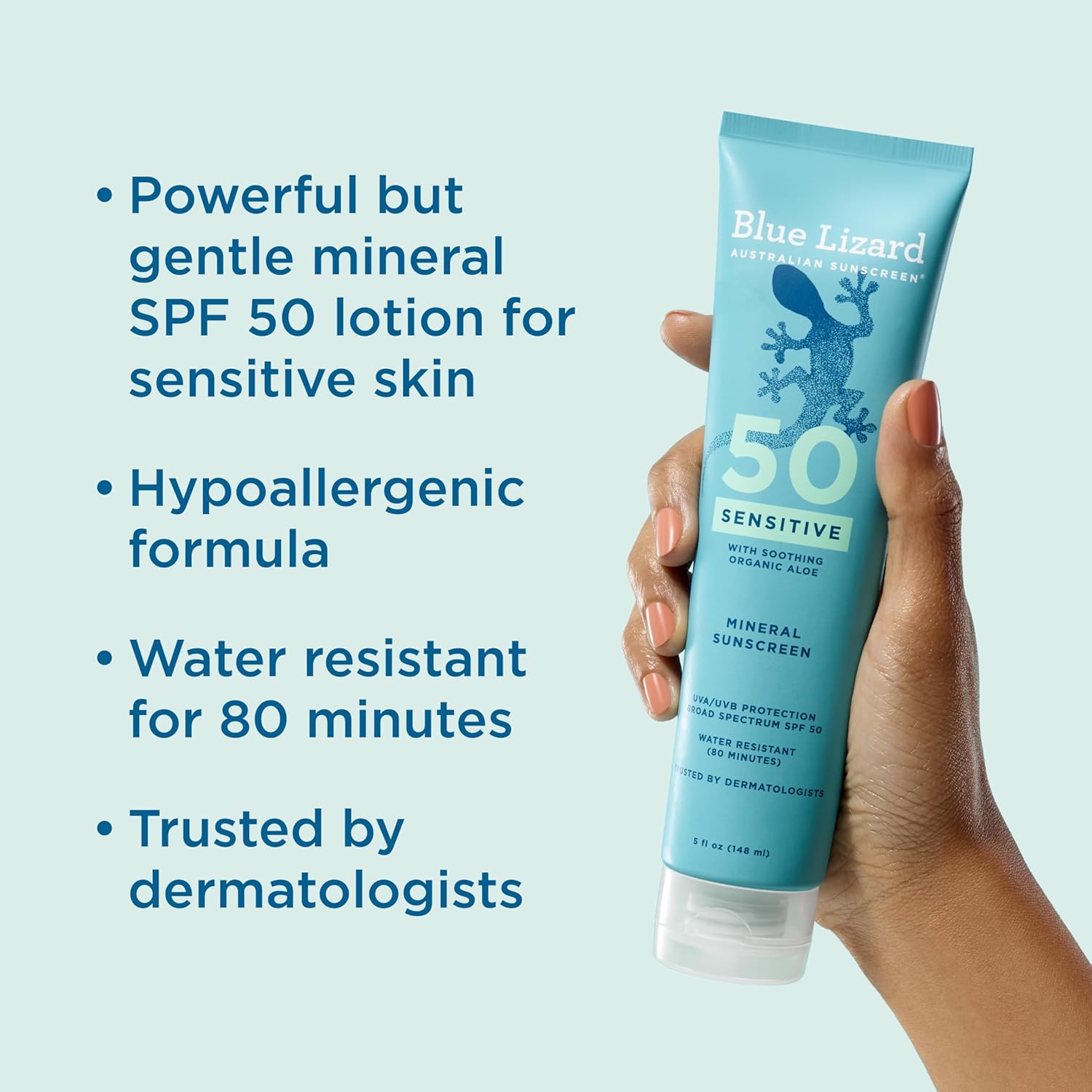 Blue Lizard Sensitive Mineral SPF 50 Sunscreen Lotion, 100% Mineral Sunscreen, UVA/UVB Protection, Infused with organic Aloe Vera, Soothes and Hydrate