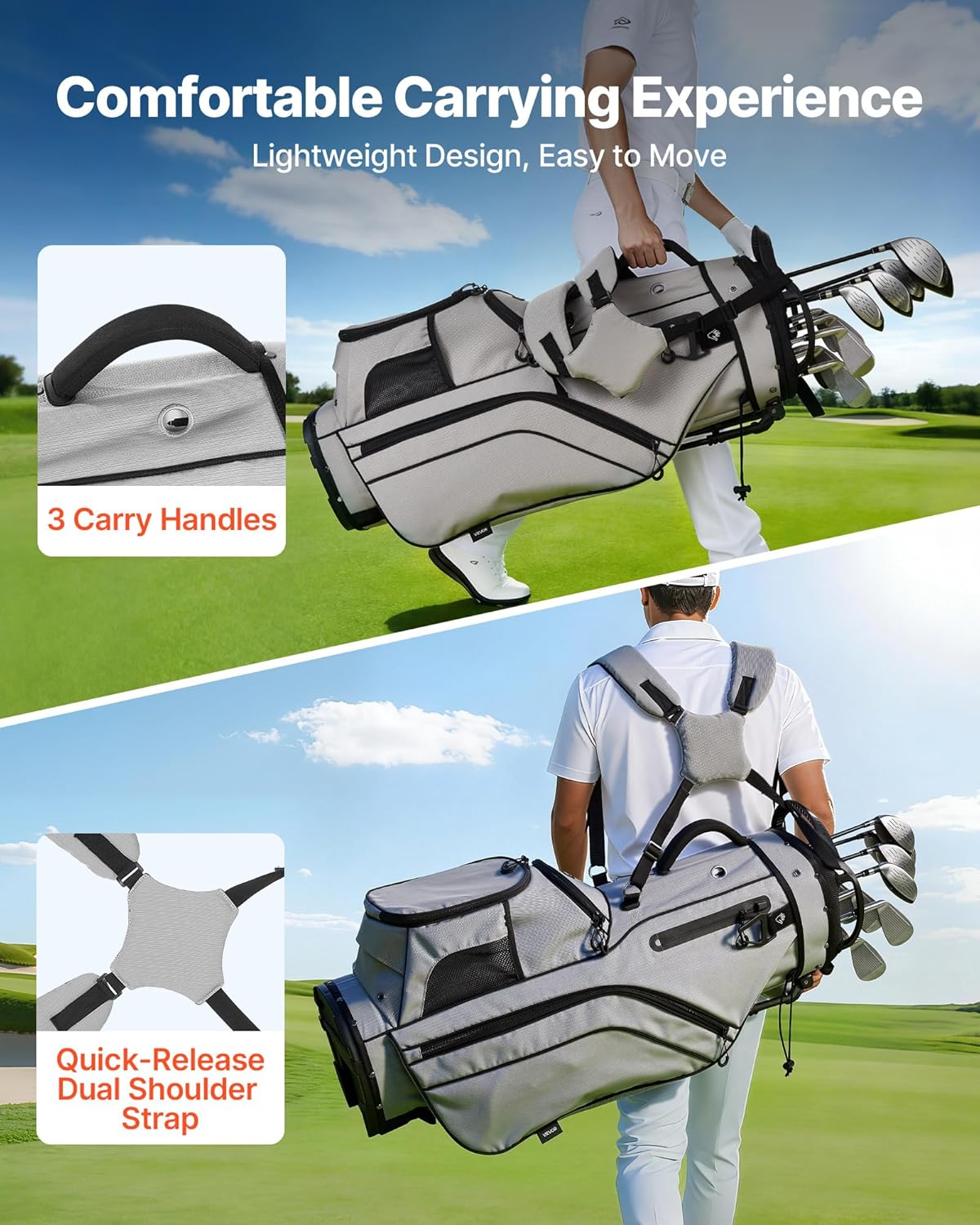 VEVOR Golf Cart Bag, 15/14/7 Way Top Divider Organizer, 2-in-1 Golf Club Bag with Full-Length Divider, Dual Shoulder Straps, Support Legs, Rain Hood,