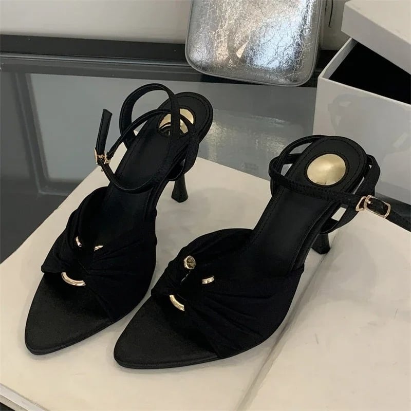 Summer Pointed Toe Thin High Heels Fashion Pleated Metal Buckle Strap Women Sandals Banquet Party Female Mules Shoes