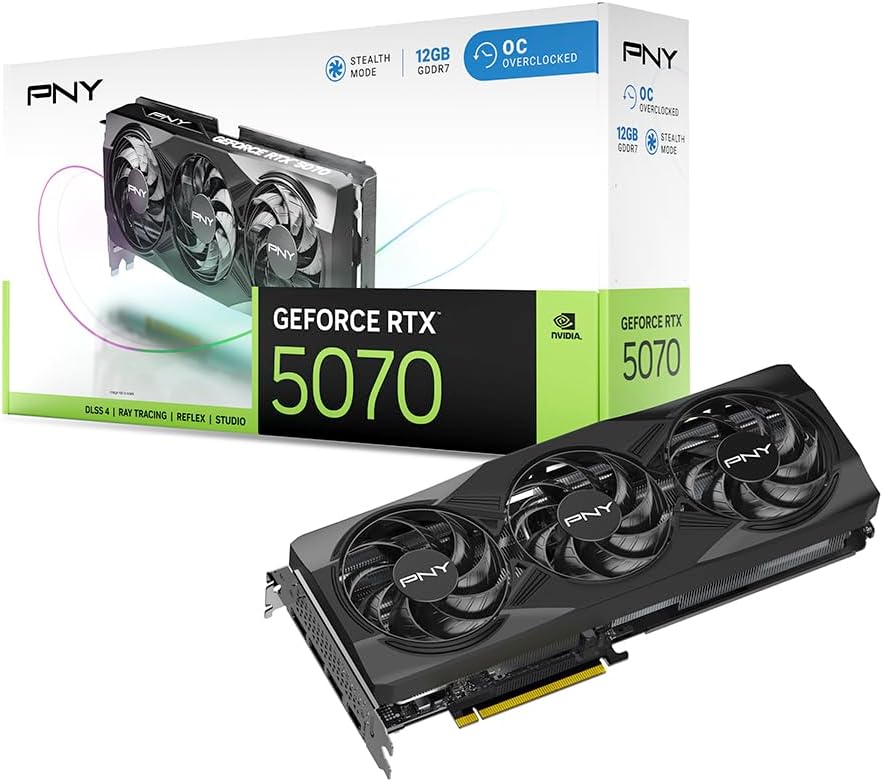 PNY NVIDIA GeForce RTX™ 5070 OC Triple Fan, Graphics Card (12GB GDDR7, 192-bit, Boost Speed: 2587 MHz, SFF-Ready, PCIe® 5.0, HDMI®/DP 2.1, 2.4-Slot, B