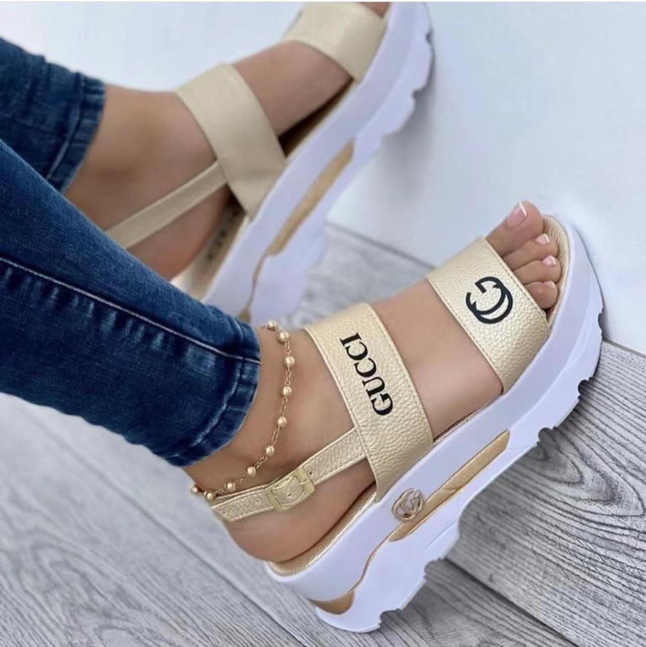 New Wedge Heel High Heel Casual Buckle Fish Mouth Red Faux Leather Rubber Thick Sole Fashion Sandals