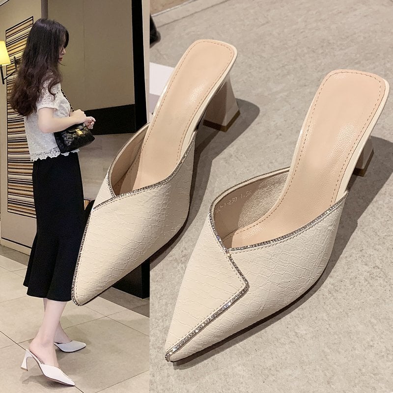Baotou Rhinestone Half Slippers Women's Outwear Fashion 2023 New Summer High Heel Muller Sandals Ins Fashion