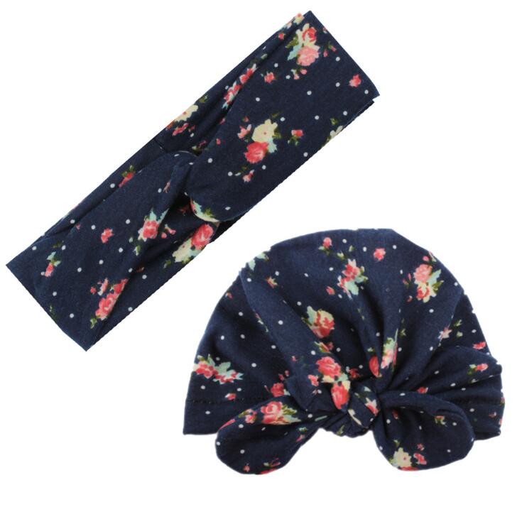 2Pc/Set Mother Baby Turban Matching Headband And Baby Caps Rabbit Ears Headbands Floral Print Caps Hair Accessories