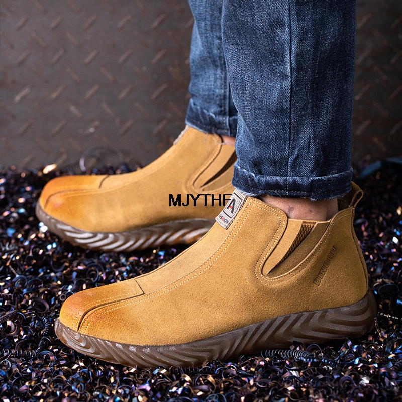Men Soft Bottom Work Shoes Chelsea Boots Steel Toe Work Safety Boots Cowhide Welder Shoes Men Boots