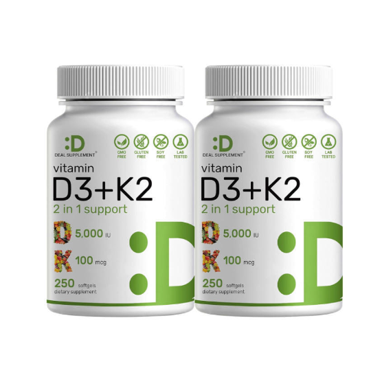 D3+K2 Vitamin 2-in-1 Virgin Coconut Oil Complex Supplement Softgels (250-Count)