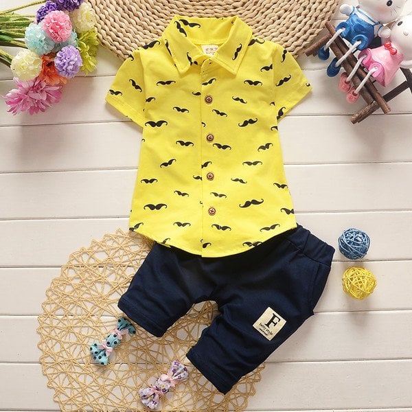 New summer boys short-sleeved beard print shirt short pant kids clothing set baby cotton suit