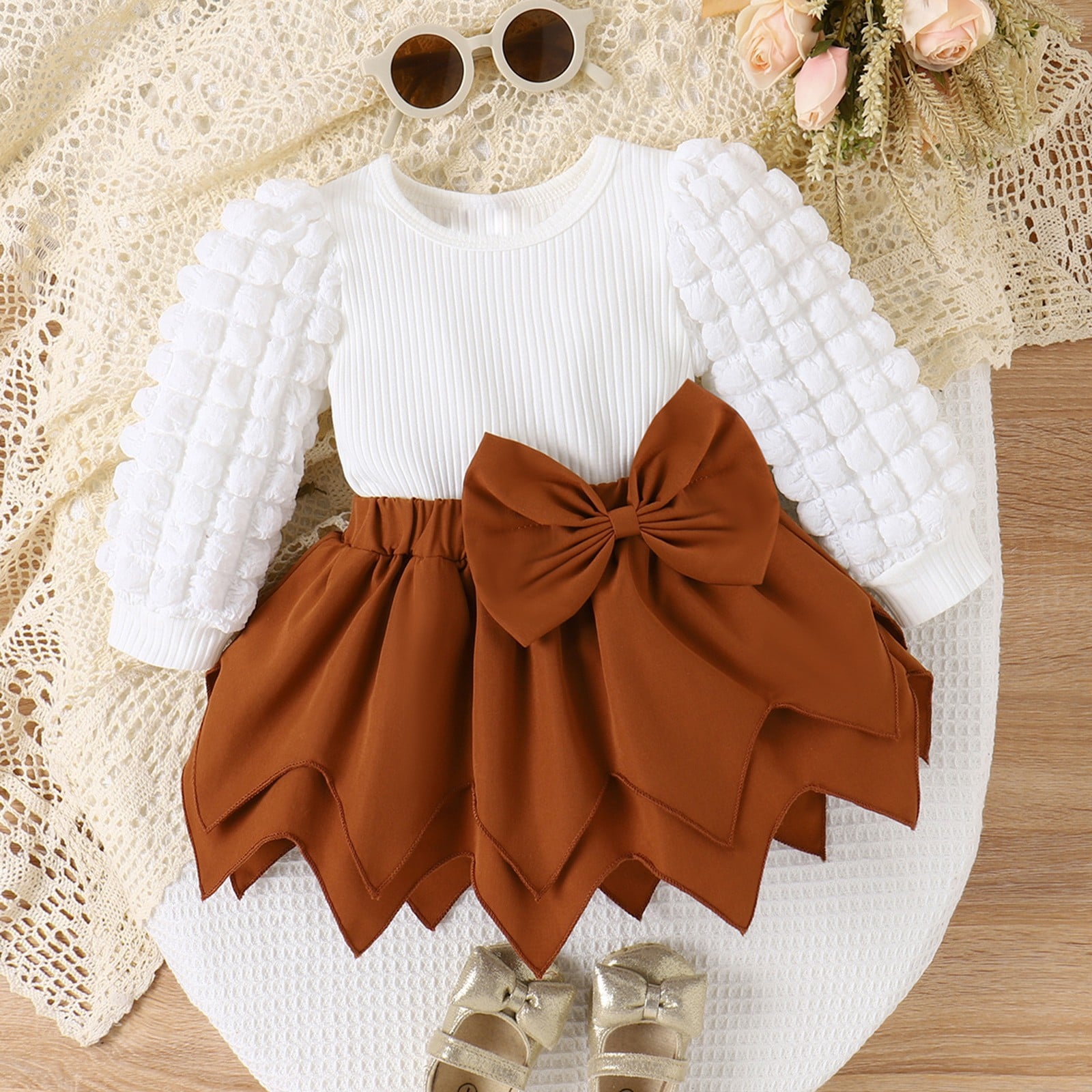 Children's Autumn and Winter Bubble Sleeve Pit Stripe Top Solid Bow Irregular Hemline Girls' Set