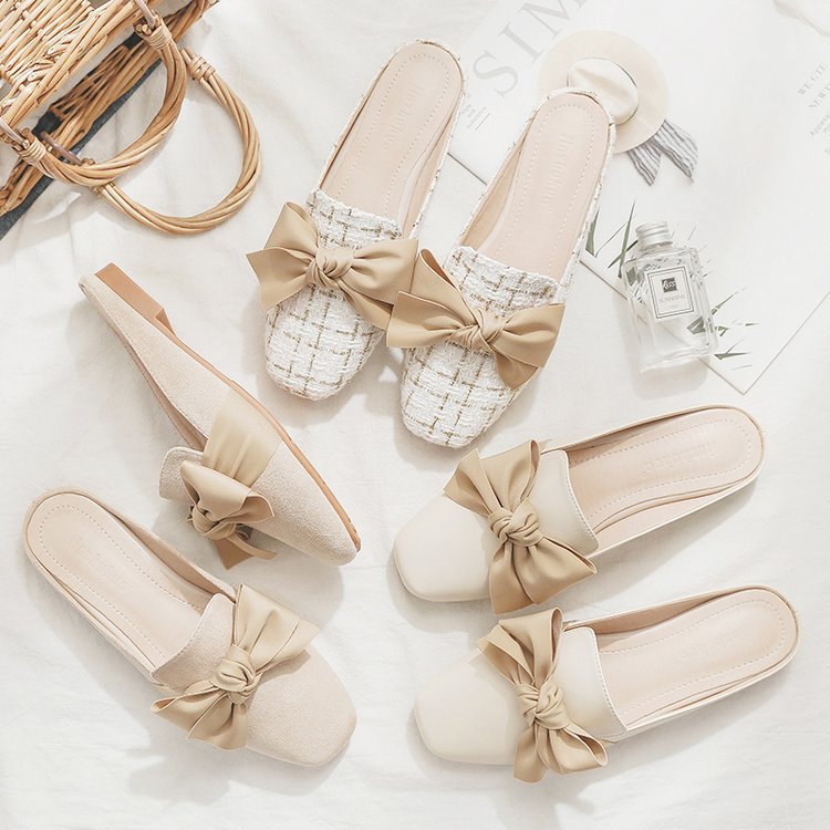 2023 Luxury Woman Mules Summer Close Toe Women Slippers Bowtie Lazy Slides Flat Heel Girl Slippers Korean Outdoor Flip Flops