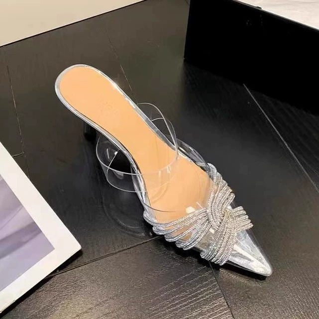 Ladies' Sweet Banquet Wedding Shoes PVC Transparent Sandals with Crossed Headbands and Diamond High Heels