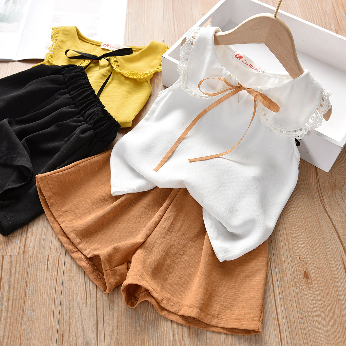 Sleeveless Baby Collar Tops + Broad Leg Shorts Sets for 1-6years Girls 2pcs Summer Kids Girl Cotton Outfits Children Clothes