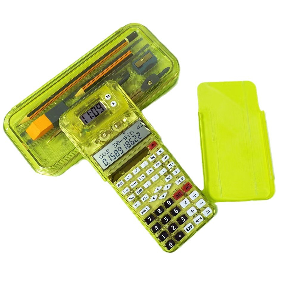 Scientific Computer 82MS Function Calculator Student Transparent Stationery Case Pencil Case Multifunctional Clock