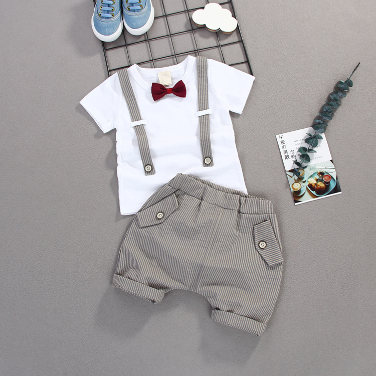 Summer Kids Boys Bow Clothes Sets Baby Gentleman High Qulity Short T shirt + Pants Toddler Boy Clothing Casual Kids Outfits Baby