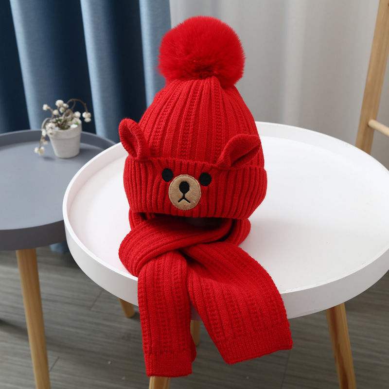 Children's hat scarf set boys and girls baby wool hat plus velvet warm toddler pullover knitted hat Korean version cute