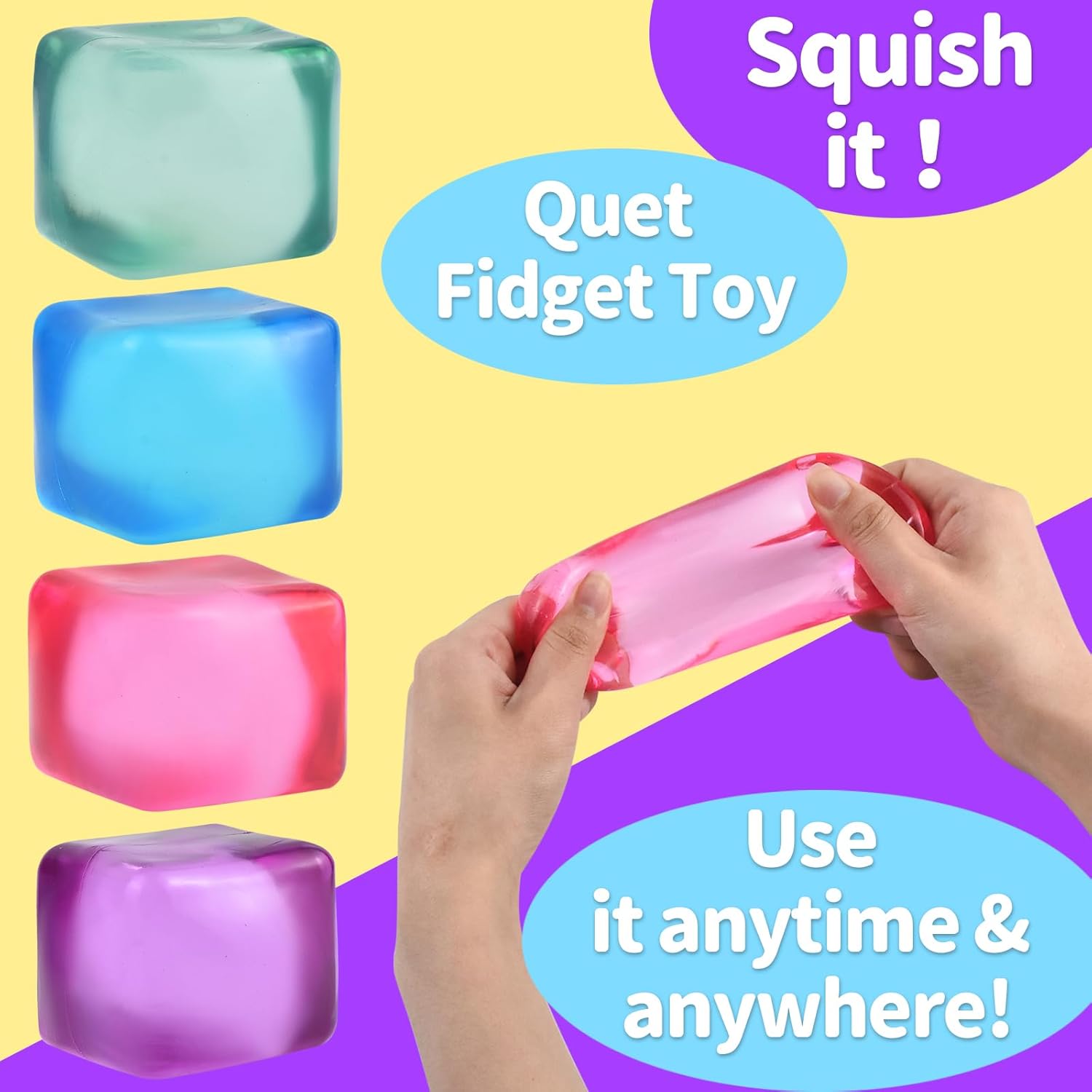MEIEST 4 Colorful Stress Cube - Sensory Fidget Squeeze Toy with Super Solid Squish-Slow Rising Ice Cube Stress Balls-Stress Relief Hand Toy-2.16" Cube