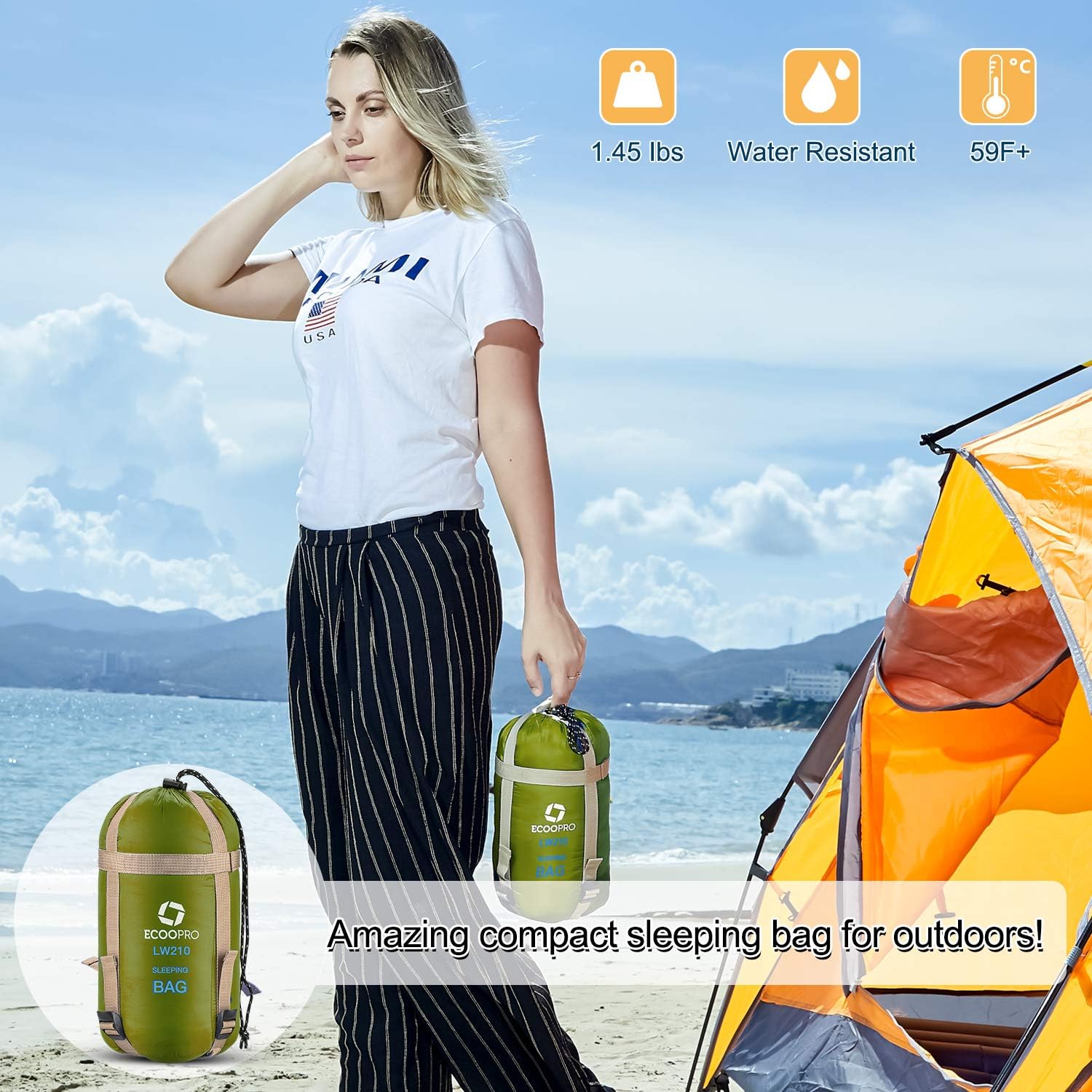ECOOPRO Warm Weather Sleeping Bag - Portable, Waterproof, Compact Lightweight, Comfort with Compression Sack - Great for Outdoor Camping, Backpacking