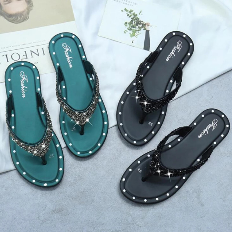 Summer new slippers women summer fashion sequins flip flops wear all-match flat-soled beach shoes sandals