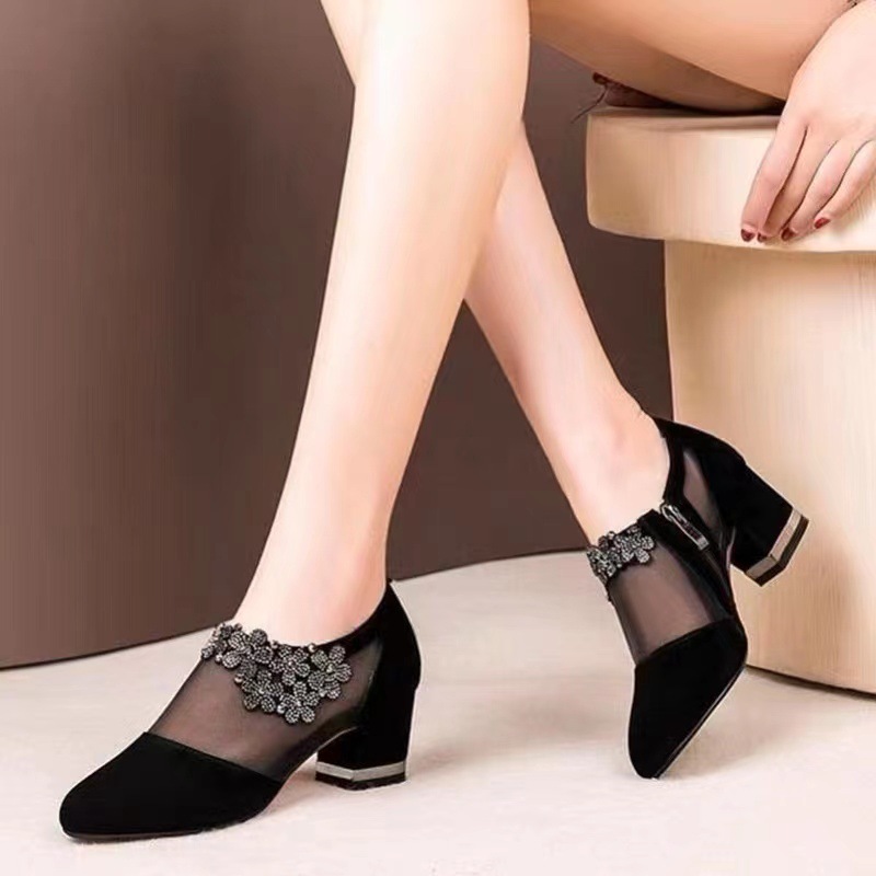 Fashion Women Shoes Sexy Black Hollow Mesh Pointed Heels Elegant Flower Shaped Rhinestone Ornament Footwear