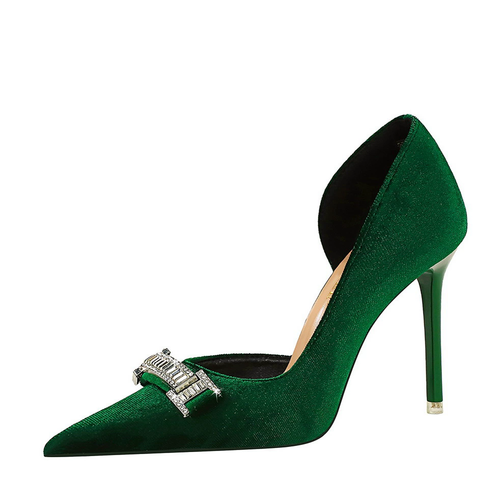 New Arrivals Fashion CRYSTAL Side Hollowing Women Corduroy Pumps Lady Wedding Bridal Thin Heels Shoes