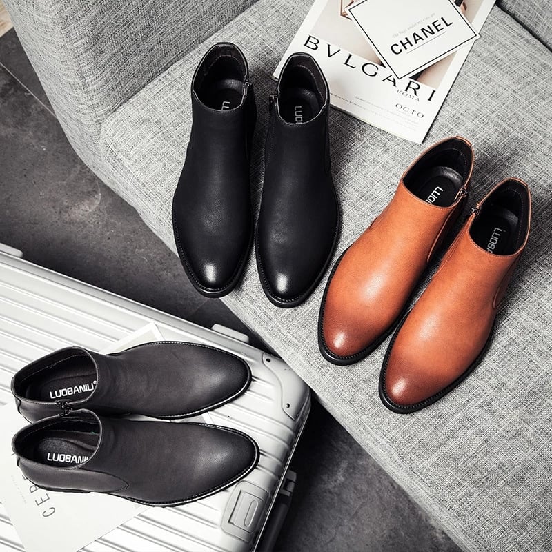 Spring Fashion Leather Men Boots Convenient Zip Pointed Toe Business Dress Boots Shoes Men Black Brown Ankle Boots Men