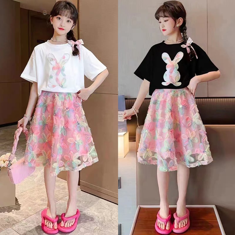 Girls' fashionable short sleeved fried street embroidered skirt set, summer girls' two-piece clothing set