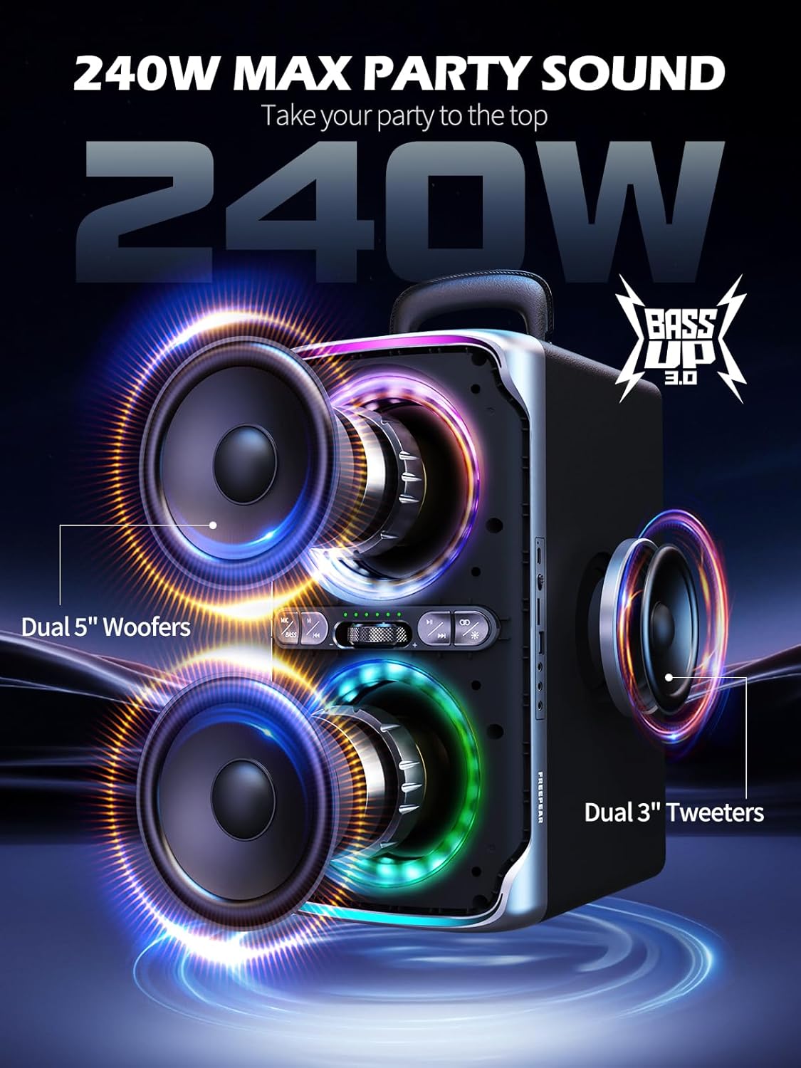 Party Bluetooth Speaker - 240W Peak Loud Speaker, Dazzling Light Show, Deep Bass, IPX4 Waterproof, 15H Battery, TWS Pairing, BT 5.3 Wireless, Portable
