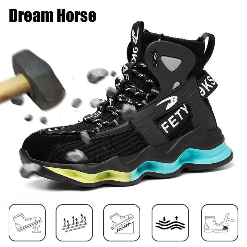 Dream Horse Men's Safety Shoes Breathable Work Shoes with Steel Toe Flying Woven Labor Insurance Snaeker Anti-puncture Work Boot