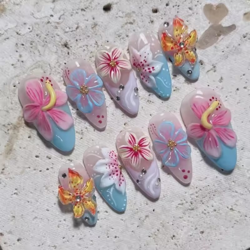 24PCS Almond Press on Nails Summer Pink 3D Flowers Shell Starfish Fake Nails for Women Blue Gradient French Beach False Nails