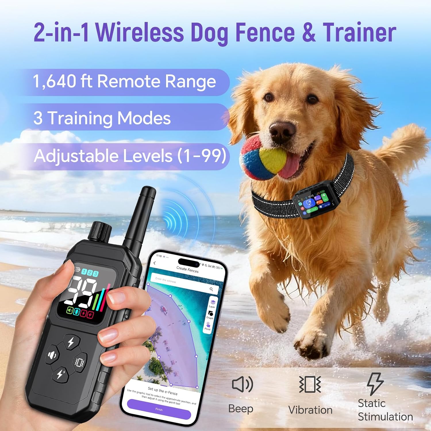 GPS Wireless Dog Fence – Free App Control, Custom GPS Boundary, Beep/Vibration/Static Modes, IP67 Waterproof, Long Battery Life, for Dogs 10–120 lbs,