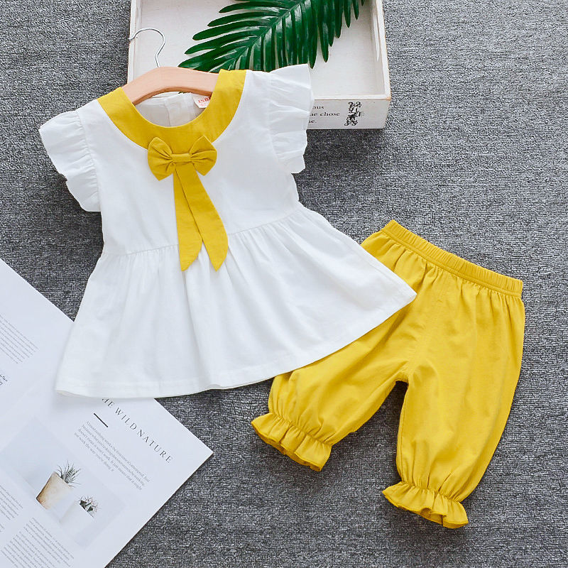 Newborn Kids Baby Girls Clothes short sleeve round neck pullover letter print Tops Denim solid Ruffle Skirts 2pc