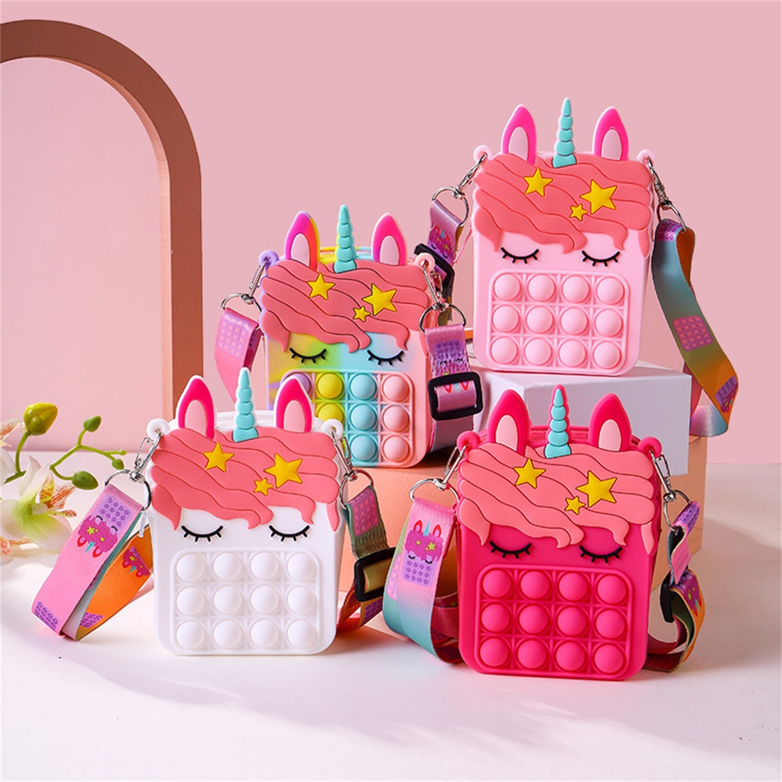 Fashion Push Bubbles Fidget Toys Rainbow Unicorn Kawaii Coin Purse Children Wallet Ladies Cosmetic Bag Simple Dimple Fidget Toy