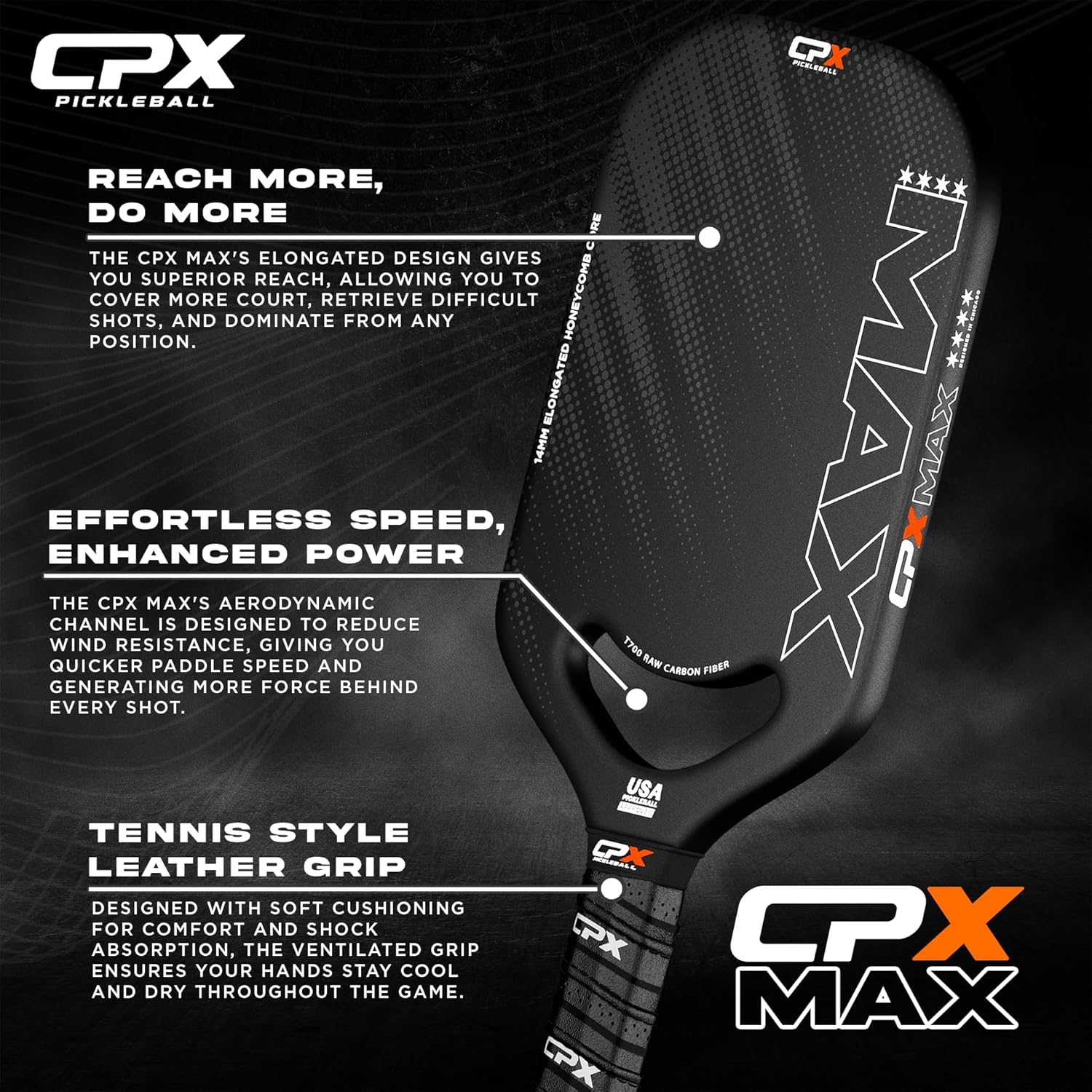 CPX MAX Raw Carbon Fiber T700 Pickleball Elongated Paddle Racket - Professional Grade