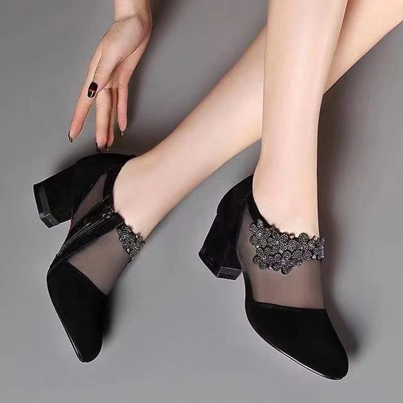 Fashion Women Shoes Sexy Black Hollow Mesh Pointed Heels Elegant Flower Shaped Rhinestone Ornament Footwear