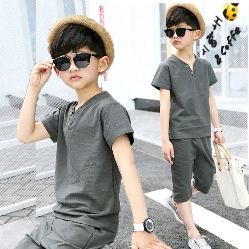 Children's clothing boy summer cotton and linen short-sleeved suit children's summer big boy boy two-piece suit Korean version