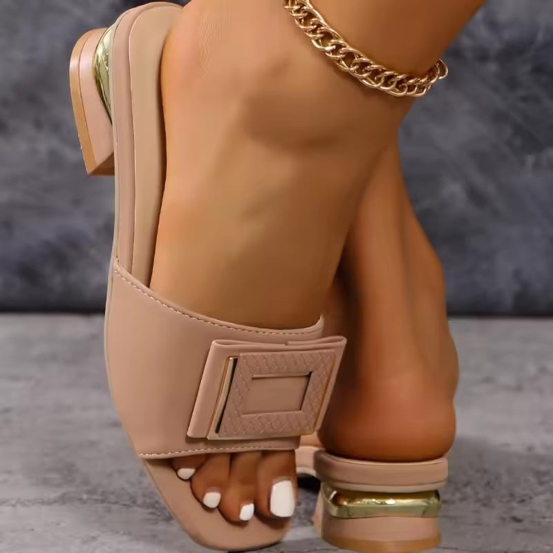 Women's 2025 Summer Korean Edition Fashion Heel Cool Slippers Square Buckle Fish Mouth Slippers