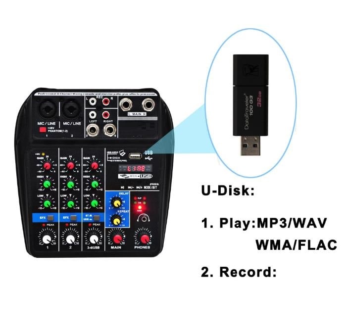 Sound Mixing Console Bluetooth USB Record Computer Playback 48V Phantom Power Delay Repaeat Effect 4 Channels USB Audio Mixer