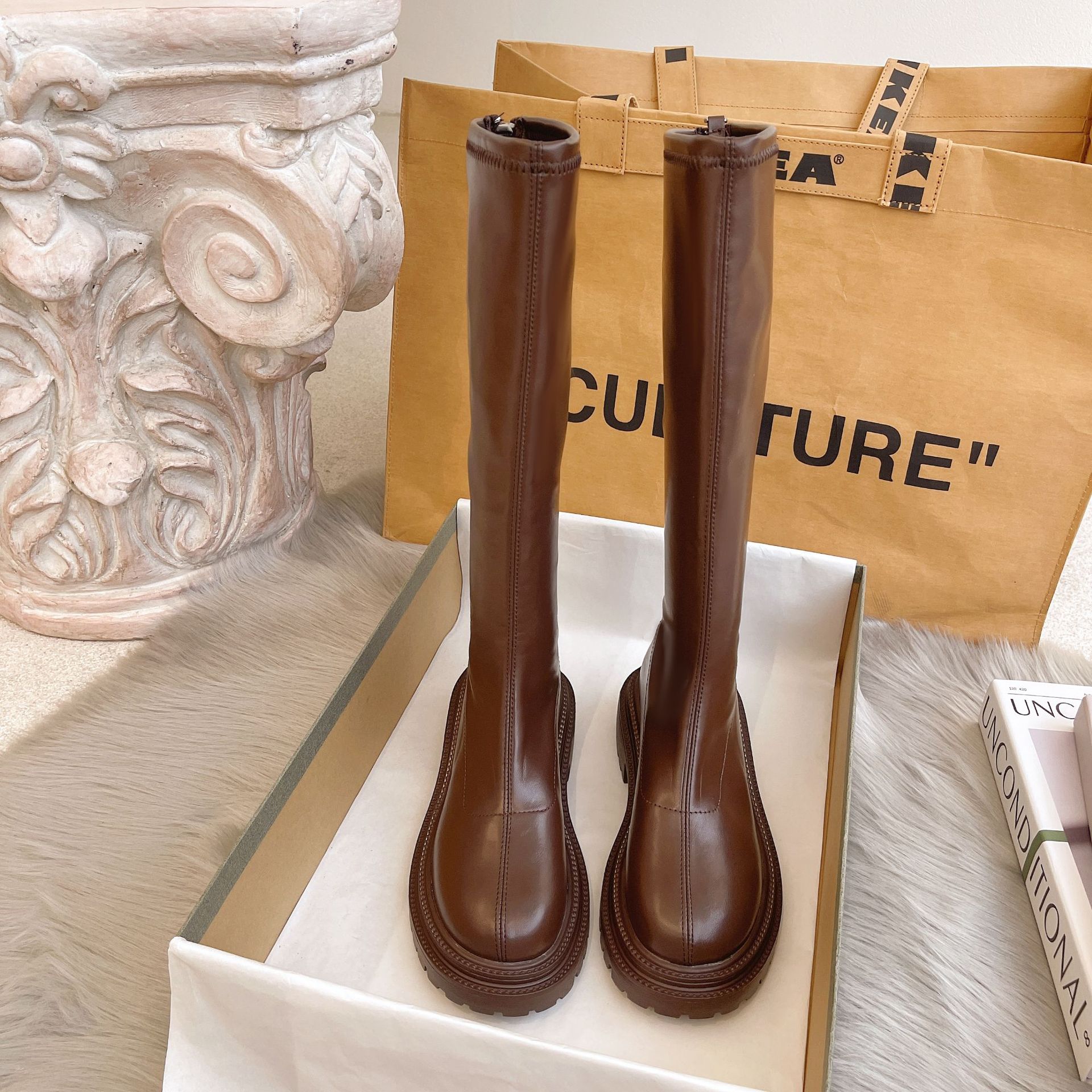 Real soft leather tall Martin boots women's autumn new round toe thick heel side zipper thick sole mid-length leather boots