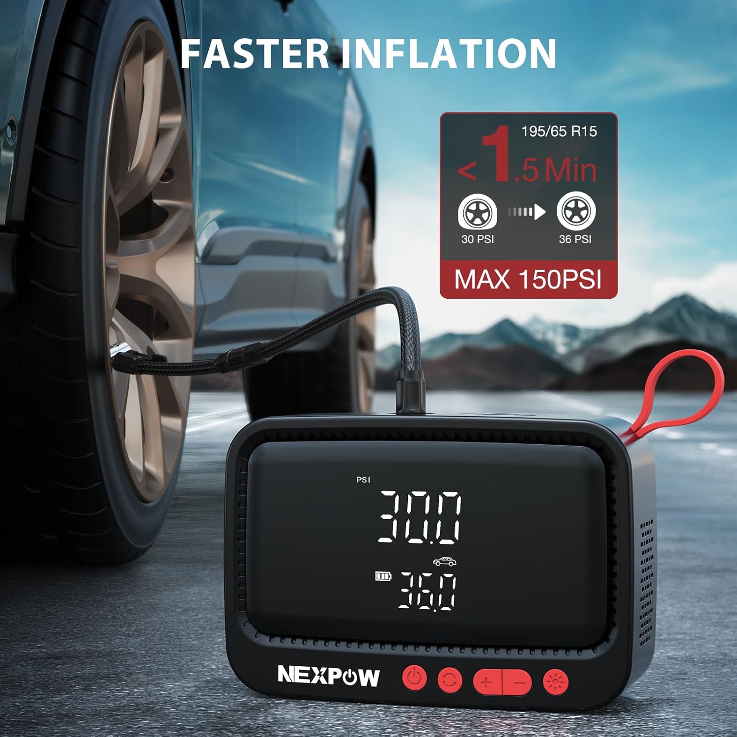 NEXPOW Tire Inflator Portable Air Compressor - Air Pump for Car Tires with 12V DC Power Adapter, 150PSI Electric Tire Pump for SUV, Motorcycle, Bicycl