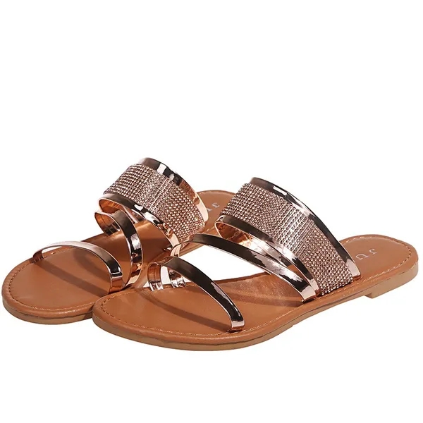 Women's Rhinestone Flat Slippers Solid Fashion Open Toe Anti-skid Slides Shoes Casual Outdoor Slippers