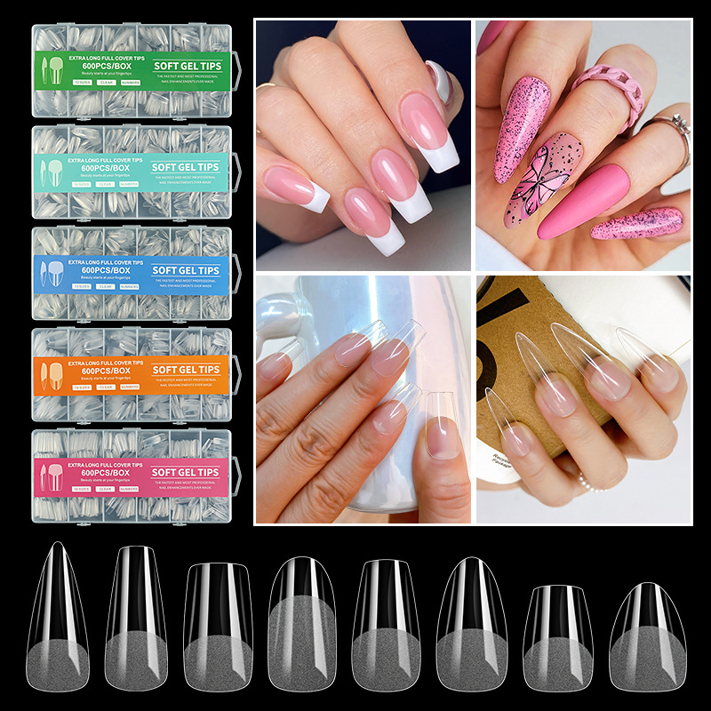 600Pcs Full Cover Press On Nail Tips Stiletto Almond Square Coffin French False Fake Soak Off Gel Nail Extension Tips Capsule
