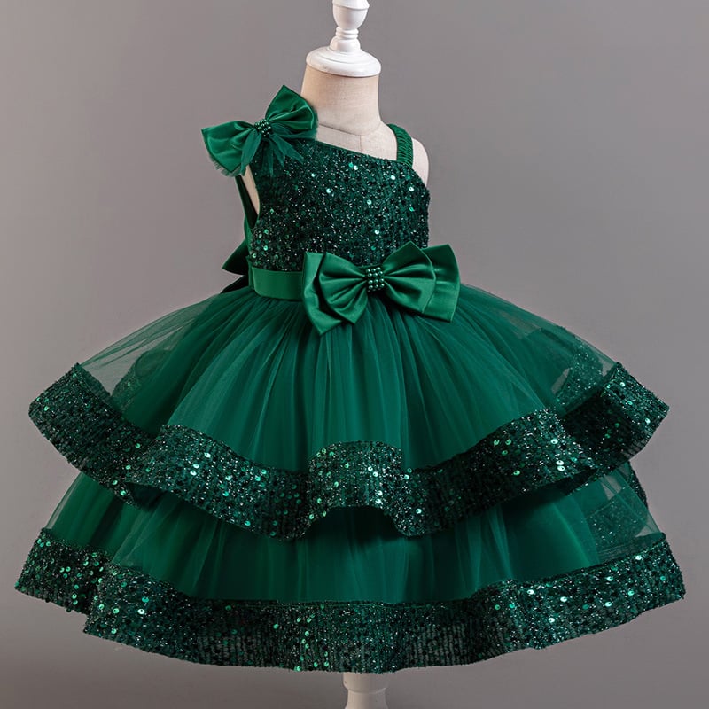New children's sequined fluffy mesh cake princess dress, baby girl's first year banquet evening dress