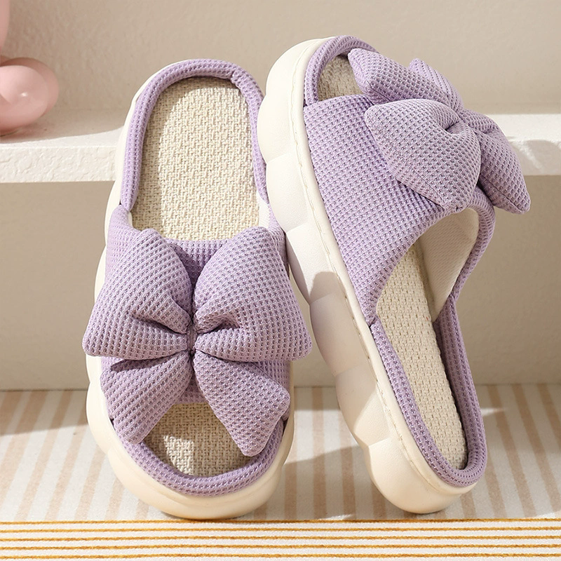 Comfortable Linen Slippers Soft and Lightweight Cotton Slippers Cute Bowknot Flat Slipper Couples Slides Home Shoes for Women