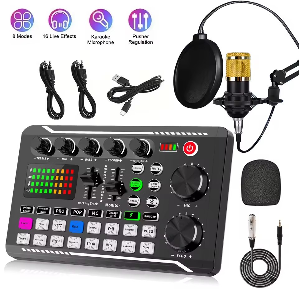 Podcast Live Equipment Bundle, Professional Live Sound Card with Microphone Set Mixer Recording Studio Package Music Singin
