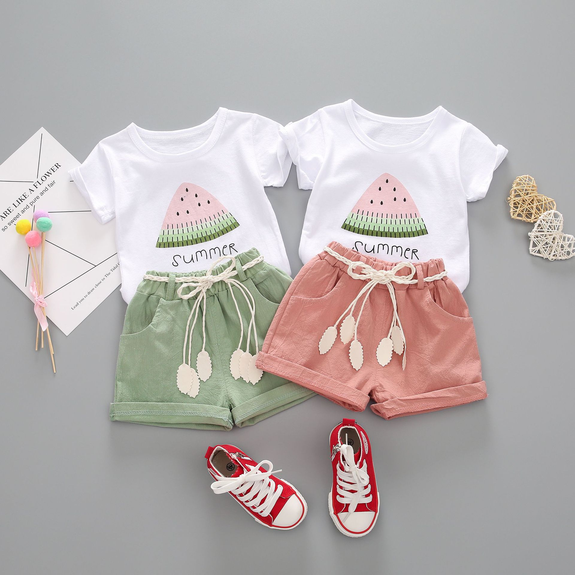 Summer girls short-sleeved watermelon print cotton suit baby kids cartoon clothing set